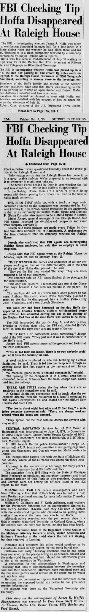 The Raleigh House - October 1975 Article On Hoffa Search